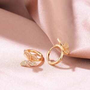 Butterfly Huggie Hoop Earrings 14K Gold Plated Cubic Zirconia Dainty Butterfly Hoop Earrings Hypoallergenic Sleeper Hoops Earrings for Women Jewelry Gift