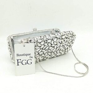 Boutique De FGG Women Silver Crystal Clutch Bag Minaudiere Box Handbag Party Prom Rhinestone Clutch Purse Wedding Bag, Small