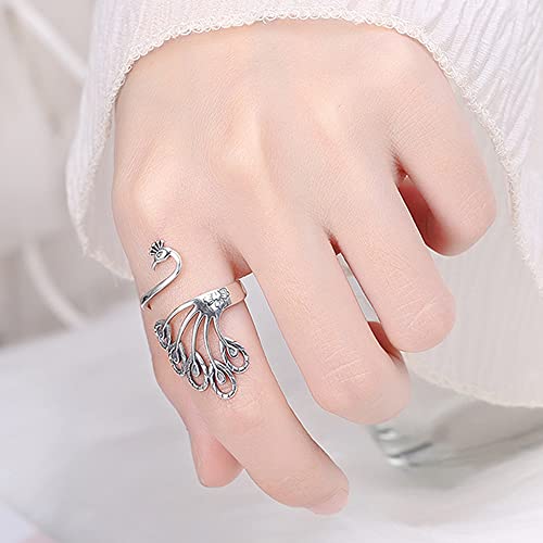 NewZenro Peacock Statement Wrap Open Rings for Women Dainty 925 Sterling Silver Adjustable Delicate Flower Animal Vintage Ring Jewelry Gifts Bff Birthday