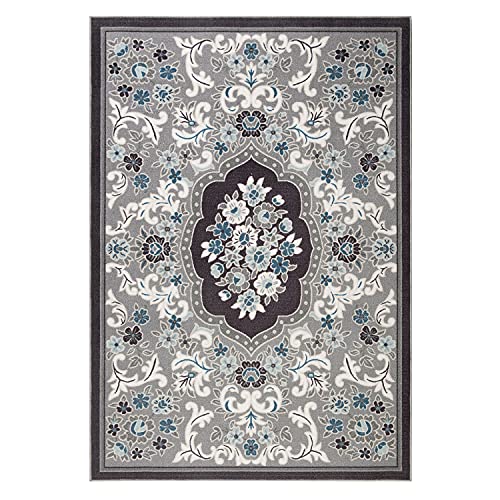 Antep Rugs Alfombras Non-Skid (Non-Slip) 5x7 Rubber Backing Modern Floral Low Profile Pile Indoor Area Rugs (Gray, 5' x 7')