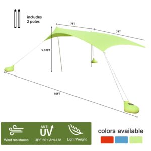 Pop Up Beach Tent, Beach Canopy Sun Shelter with UPF50+ UV Protection, 2-5 Person Sunshade with 2 Poles, 4 Sandbag Anchors, 4 Ropes&Storage Bag, for Camping,Trips,Picnics - 6.9x4.9x5.2ft (Green)