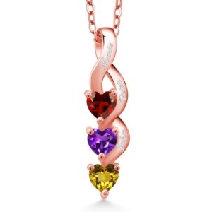 Gem Stone King 18K Rose Gold Plated Silver 4MM Heart Gemstone Birthstone Three Stone Pendant Necklace For Women with 18 Inch Silver Chain