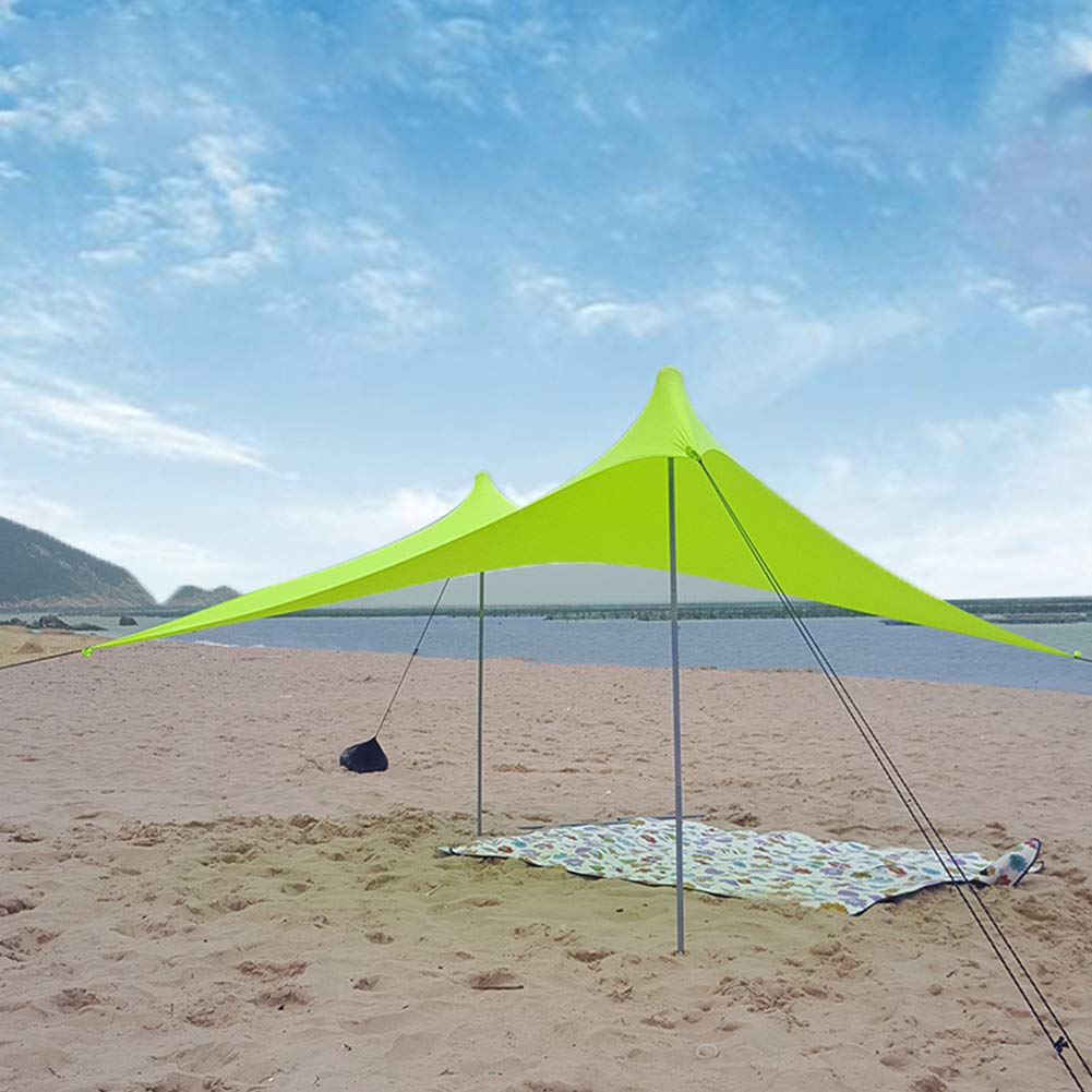 Pop Up Beach Tent, Beach Canopy Sun Shelter with UPF50+ UV Protection, 2-5 Person Sunshade with 2 Poles, 4 Sandbag Anchors, 4 Ropes&Storage Bag, for Camping,Trips,Picnics - 6.9x4.9x5.2ft (Green)