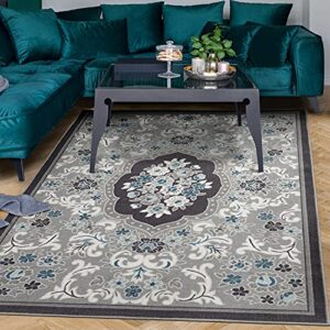 Antep Rugs Alfombras Non-Skid (Non-Slip) 5x7 Rubber Backing Modern Floral Low Profile Pile Indoor Area Rugs (Gray, 5' x 7')