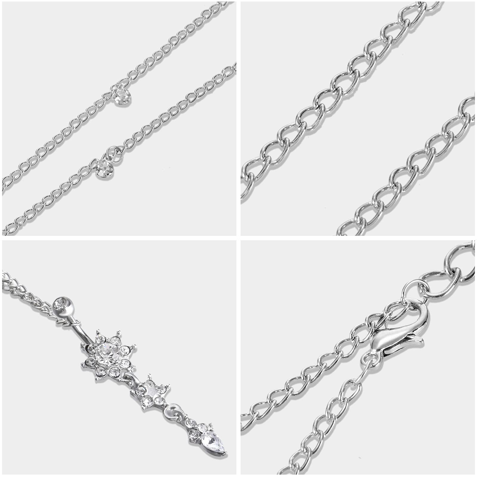 Hicarer 3 Pieces Silver Crystal Belly Ring with Chain Rhinestone Waist Body Chain Bikini Belly Chain Beach Accessories Jewelry for Women Adults(Silver)