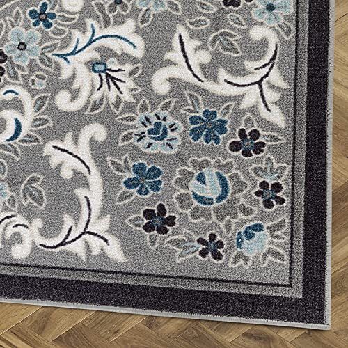 Antep Rugs Alfombras Non-Skid (Non-Slip) 5x7 Rubber Backing Modern Floral Low Profile Pile Indoor Area Rugs (Gray, 5' x 7')