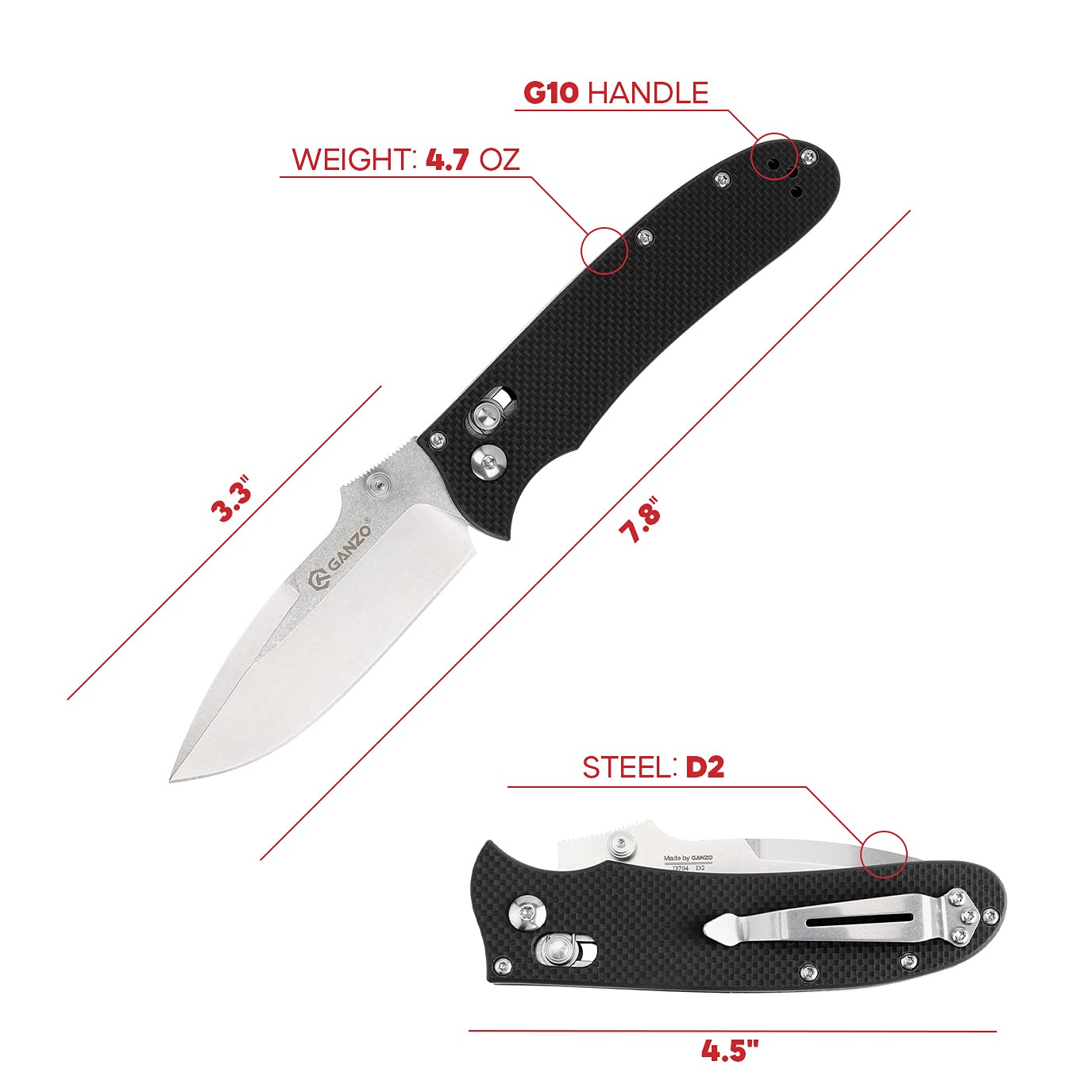 Ganzo D704-BK Pocket Folding Knife D2 Steel Blade G10 Anti-Slip Handle with Clip Hunting Fishing Gear Camping Outdoor Folder EDC Pocket Knife (Black)