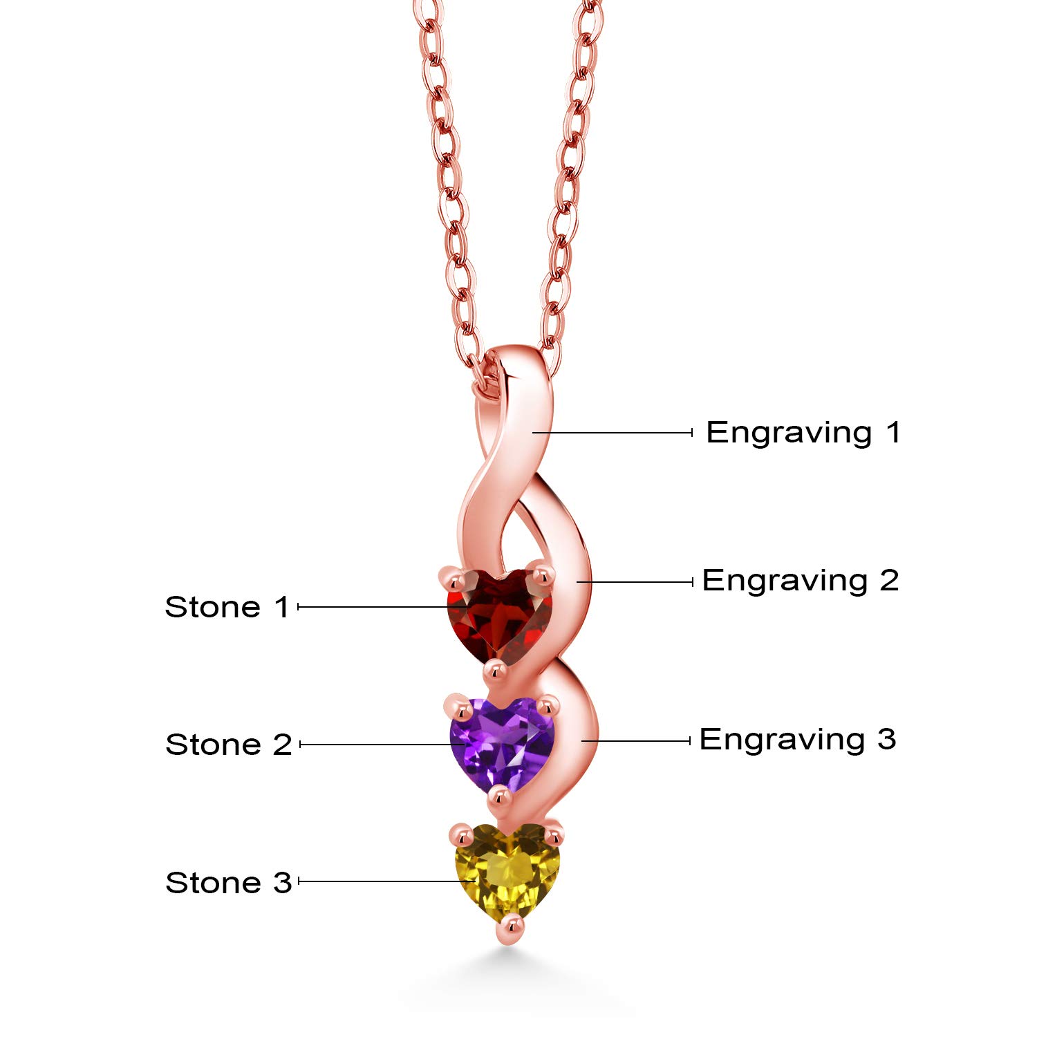 Gem Stone King 18K Rose Gold Plated Silver 4MM Heart Gemstone Birthstone Three Stone Pendant Necklace For Women with 18 Inch Silver Chain