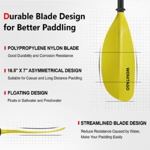 WONITAGO Kayak Paddle Premium Fiberglass Paddle with Reinforced Nylon Blades, Floating Oars for Kayaks, 20cm Adjustable Kayaking Paddles Accessories, 3 Piece Yellow