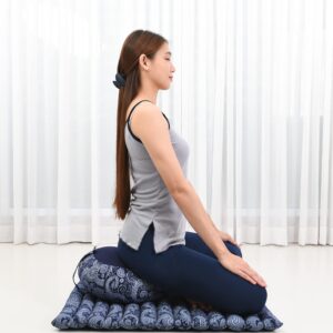 Leewadee Meditation Cushion Set – 1 Round Zafu Meditation Pillow and 1 Square Roll-Up Zabuton Meditation Mat, Pillows Bundle Filled with Eco-Friendly Kapok, Blue White