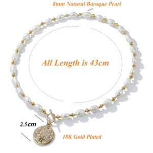 Y2K Pearl Choker Necklace Baroque Cultured Handpicked Pearl 18K Gold Plated Bead Ball Chain Coin Charm Pendant Vintage Jewelry Gifts for Women Men