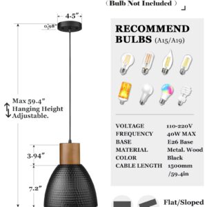 ELYONA Industrial Pendant Light, Hammered Hanging Lamp with Solid Wood & Metal Shade, Modern Pendant Light Fixtures for Kitchen Island, Bar, Farmhouse Dining Room, Bedroom, Living Room - Black