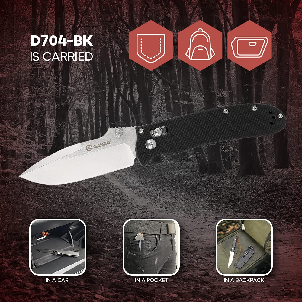 Ganzo D704-BK Pocket Folding Knife D2 Steel Blade G10 Anti-Slip Handle with Clip Hunting Fishing Gear Camping Outdoor Folder EDC Pocket Knife (Black)