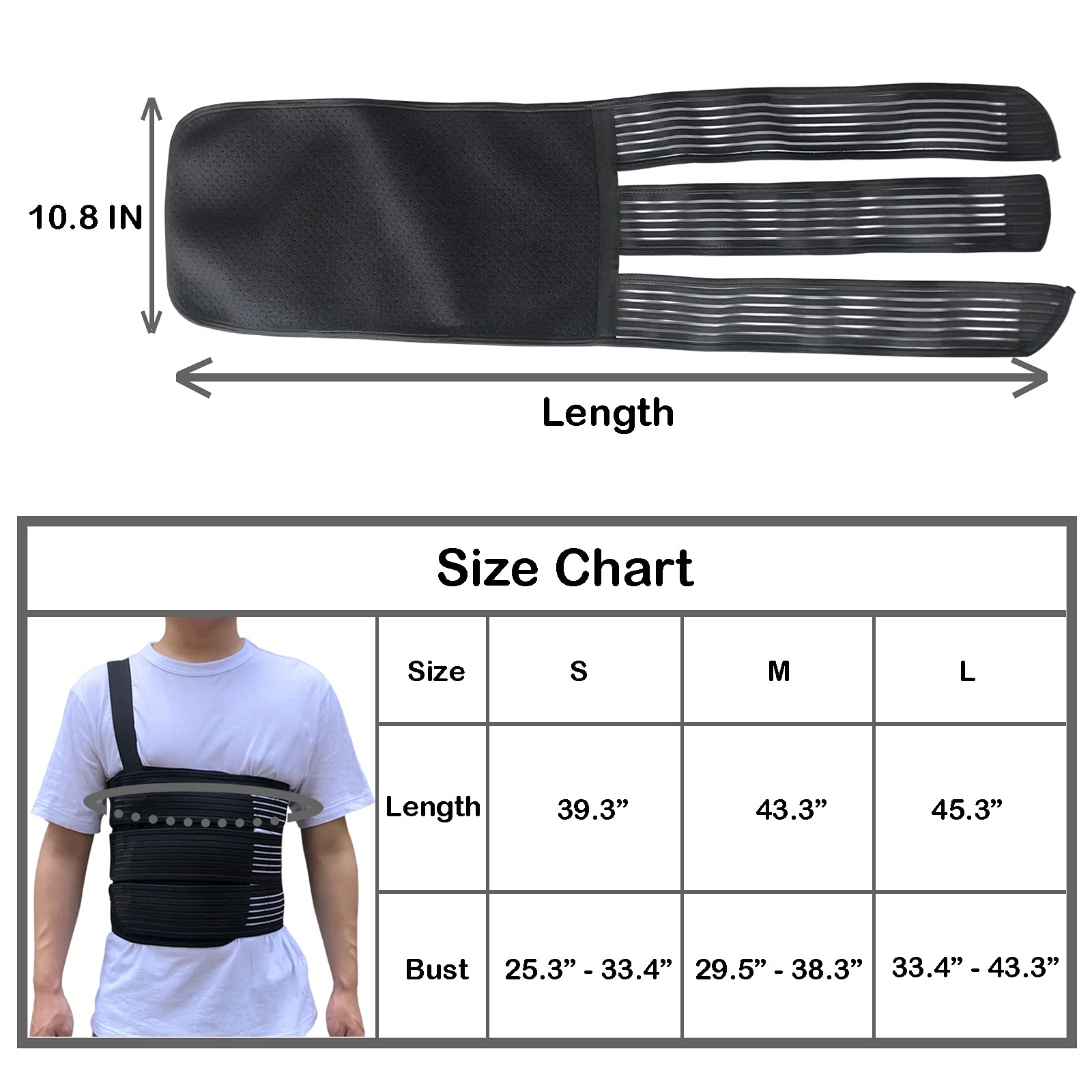 Rib Belt Chest Binder for Broken Injury Ribs, Elastic Rib Brace Compression Support to Reduce Rib Cage Pain, Fractured, Dislocated and Post-Surgery Ribs (L (33" to 43"))