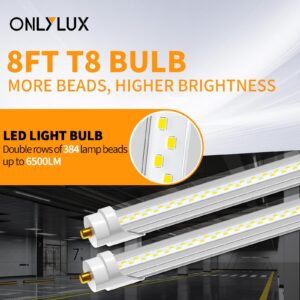 ONLYLUX 8Ft Led Bulbs, 48W 6500lm 5000K(12 Pack), 8 Foot Led Bulbs, T8 T12 Led Replacement Lights, FA8 Single Pin Clear Cover, Replace F96t12 Fluorescent Light Bulb