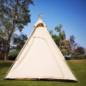 7’x7’x6.5’Outdoor Cotton Canvas 2-3 Person 3 Seasons Bell Teepee Tent with Double Door Spire Tent Pyramid Tents for Family Camping