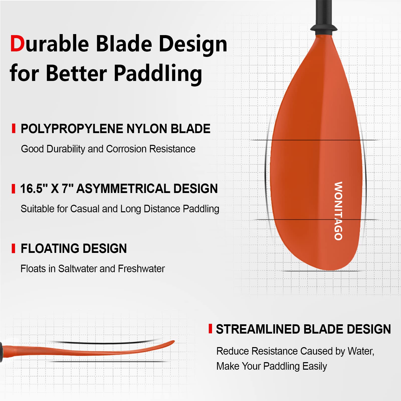 WONITAGO Kayak Paddles Carbon Fiber Shaft Paddle with Nylon Blades, Floating Adjustable Kayaking Oars, 3 Piece, 230-250 cm/90-98 Inches Orange