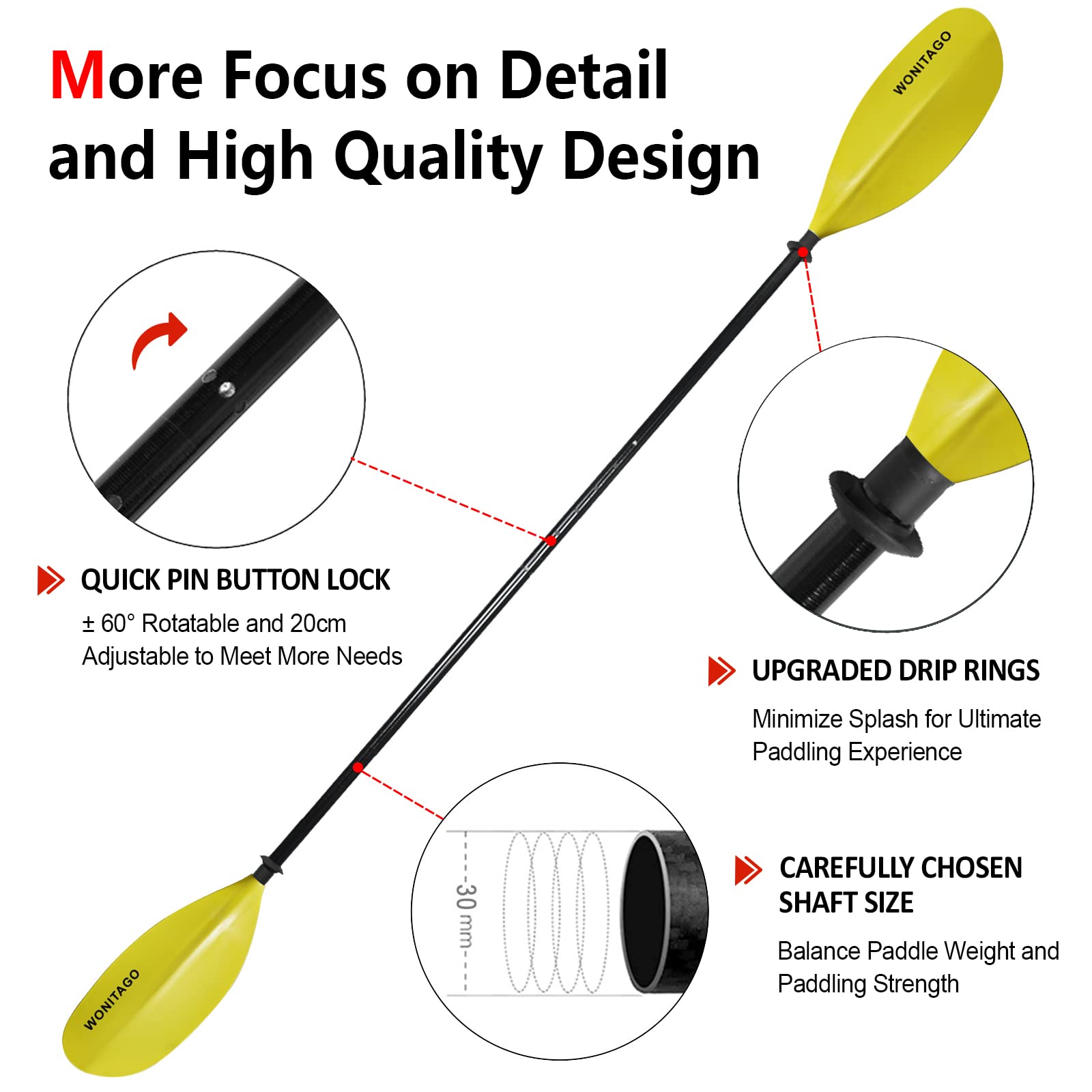 WONITAGO Kayak Paddle Premium Fiberglass Paddle with Reinforced Nylon Blades, Floating Oars for Kayaks, 20cm Adjustable Kayaking Paddles Accessories, 3 Piece Yellow