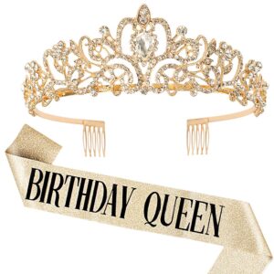 "birthday queen" sash & rhinestone tiara set cocide silver for women birthday decoration kit headband for girl glitter crystal hair accessories for party cake topper