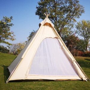 7’x7’x6.5’Outdoor Cotton Canvas 2-3 Person 3 Seasons Bell Teepee Tent with Double Door Spire Tent Pyramid Tents for Family Camping