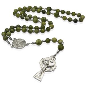 st patrick green jade rosary, irish rosary with stainless steel celtic cross and medal