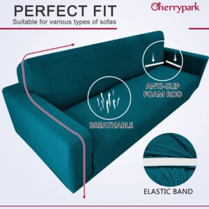 Cherrypark High Stretch Couch Cover for 2 Cushion Couch Universal Waterproof 2 Seat Sofa Covers Non Slip Sofa Slipcovers with Elastic Hem Living Room Furniture Protector (Medium, Blackish Green)