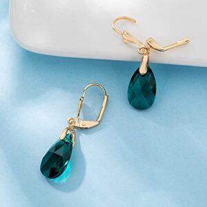 Austrian Crystal Teardrop Leverback Dangle Earrings for Women Fashion 14K Gold Plated Hypoallergenic Jewelry (Emerald)