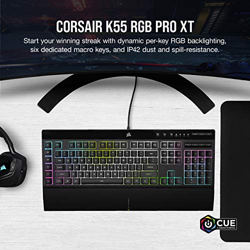 Corsair K55 RGB PRO XT - Dynamic Per-Key RGB Backlighting - Six Macro Keys with Elgato Stream Deck Software Integration - IP42 Dust and Spill-Resistant - QWERTY US Layout - Black