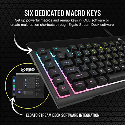 Corsair K55 RGB PRO XT - Dynamic Per-Key RGB Backlighting - Six Macro Keys with Elgato Stream Deck Software Integration - IP42 Dust and Spill-Resistant - QWERTY US Layout - Black