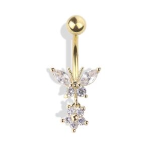 Pierced Owl 14GA Golden Butterfly with Dangling Flower 316L Stainless Steel Navel Belly Button Ring (Gold Tone/Clear)