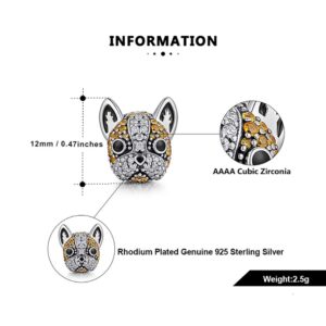 Ginger Lyne Collection French Bulldog Frenchie Boston Terrier Brown or Black Dog Charm for Bracelet or Necklace Round European Bead Sterling Silver CZ Cubic Zirconia