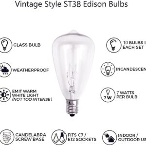 Edison Replacement Light Bulbs 10Pack 7W E12 Screw Base ST38 Replacement Clear Glass Light Bulbs for Indoor/Outdoor Patio ST38 String Lights Warm White Yard Christmas Lights Bulbs Christmas Decor