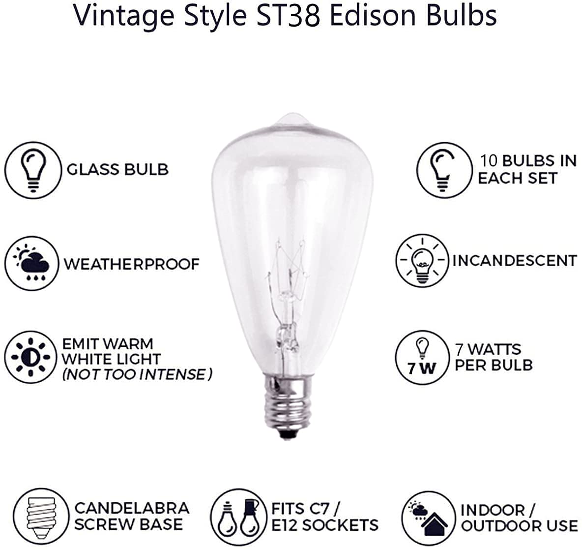 Edison Replacement Light Bulbs 10Pack 7W E12 Screw Base ST38 Replacement Clear Glass Light Bulbs for Indoor/Outdoor Patio ST38 String Lights Warm White Yard Christmas Lights Bulbs Christmas Decor