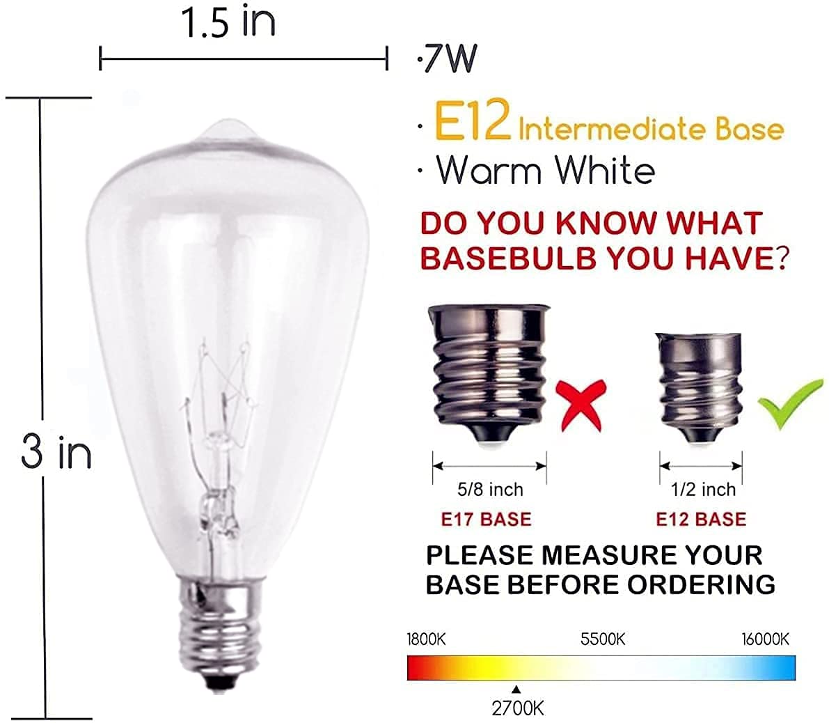 Edison Replacement Light Bulbs 10Pack 7W E12 Screw Base ST38 Replacement Clear Glass Light Bulbs for Indoor/Outdoor Patio ST38 String Lights Warm White Yard Christmas Lights Bulbs Christmas Decor