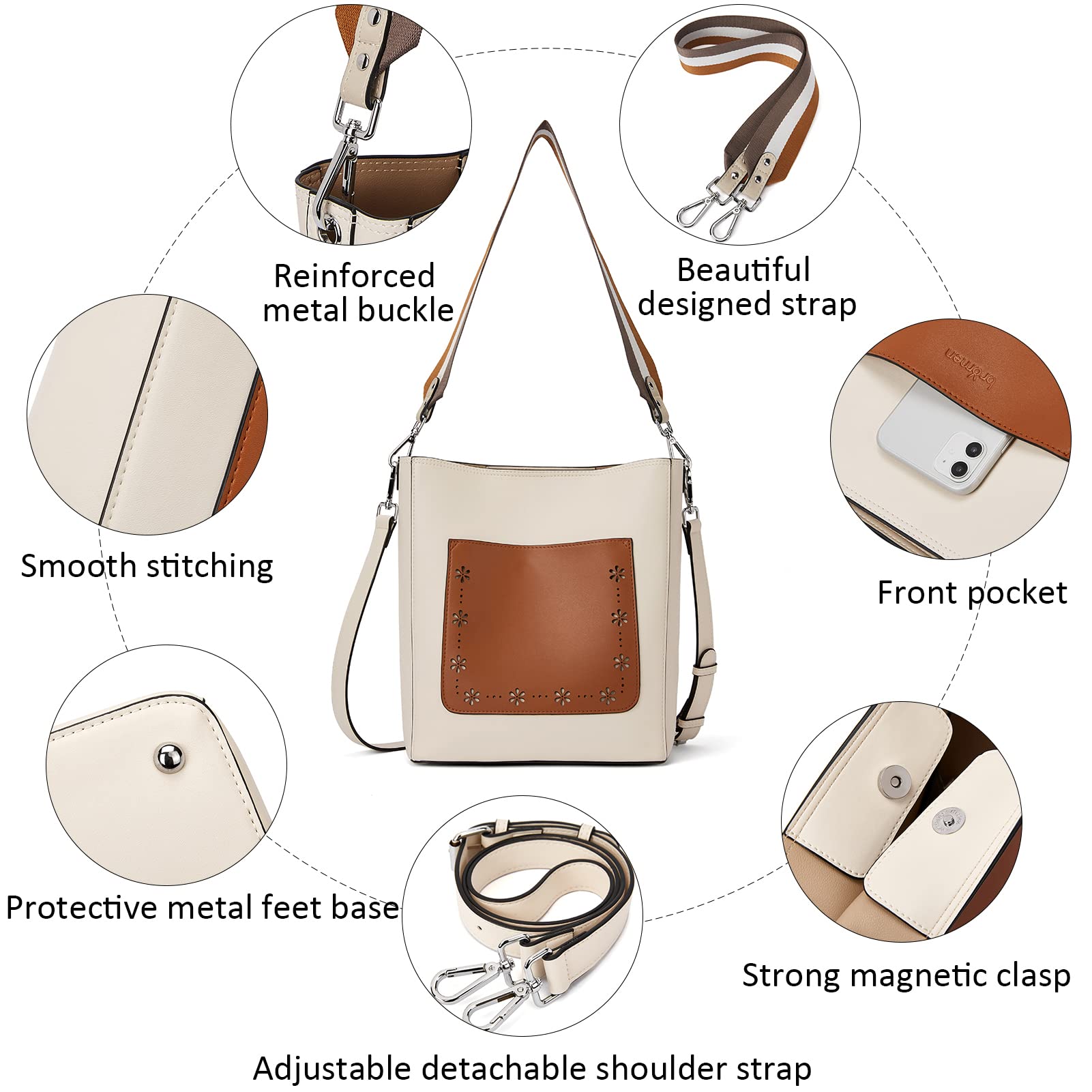 BROMEN Hobo Bags for Women Leather Handbags Designer Shoulder Bucket Crossbody Purse White