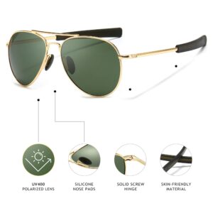 SUNGAIT Aviator Sunglasses for Men Polarized Military Style 100% UV400 Protection Pilot Bayonet Temples (Gold Frame/Green Lens, 58) SGT288JML