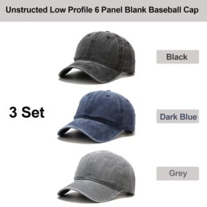 Umeepar 3 Pack Baseball Cap Vintage Distressed Low Profile Unstructured Plain Cotton Dad Hat Adjustable for Women Men (Black, Dark Blue, Light Grey)