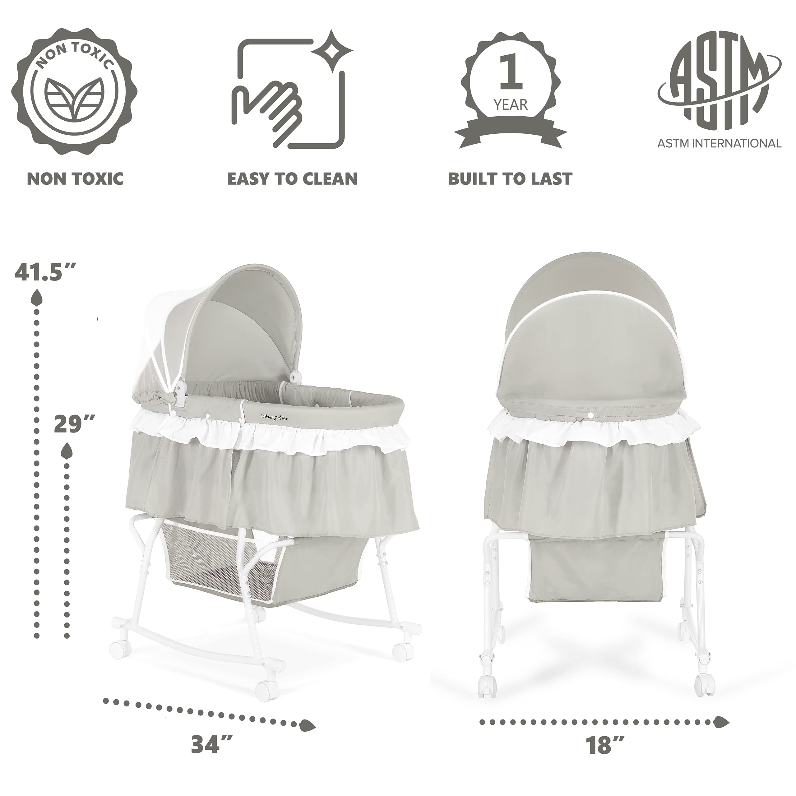 Dream On Me Lacy Portable 2-in-1 Bassinet & Cradle in Light Grey, Lightweight Baby Bassinet with Storage Basket, Adjustable and Removable Canopy