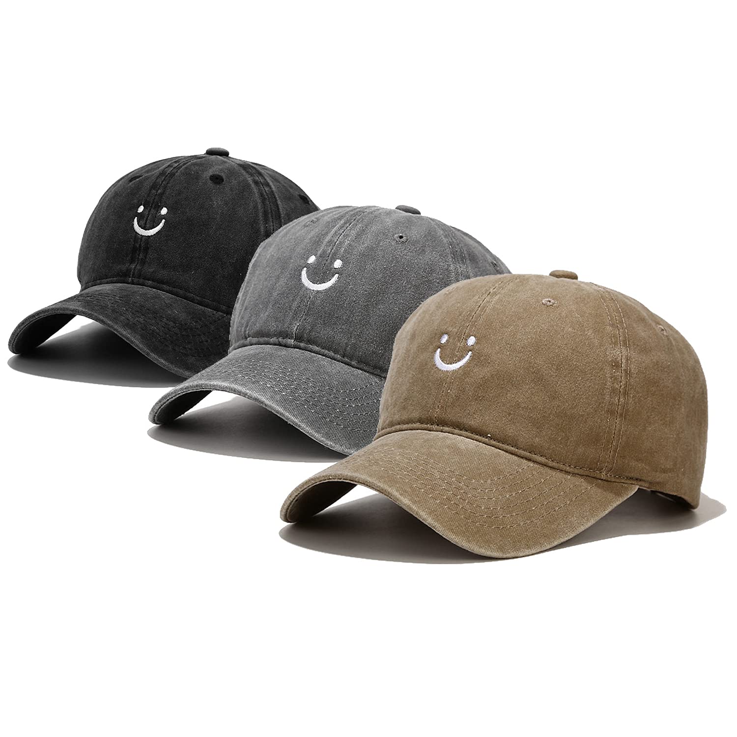 Umeepar 3 Pack Baseball Cap Vintage Distressed Low Profile Unstructured Smile Face Dad Hat Adjustable for Women Men (Black, Grey, Khaki)