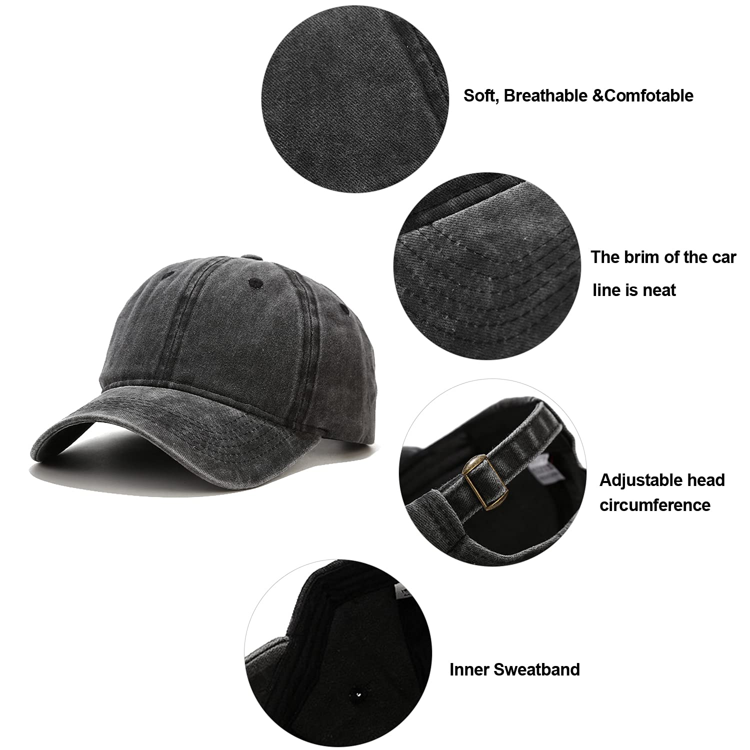 Umeepar 3 Pack Baseball Cap Vintage Distressed Low Profile Unstructured Plain Cotton Dad Hat Adjustable for Women Men (Black, Dark Blue, Light Grey)