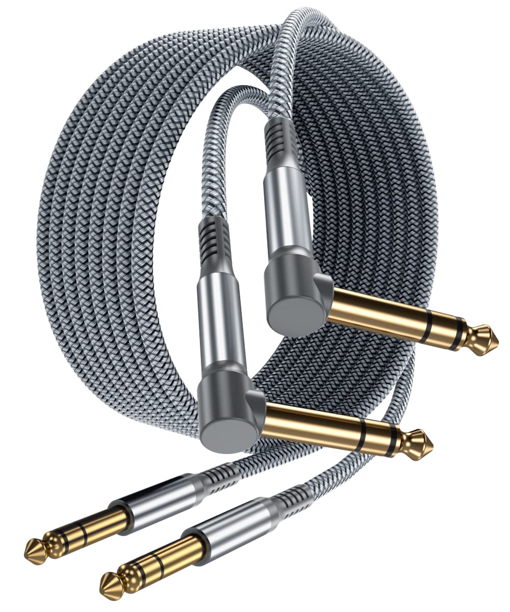 Elebase 1/4 Inch TRS Instrument Cable 10ft 2-Pack,Right-Angled to Straight 6.35mm Male Jack Stereo Audio Cord,6.35 Balanced Interconnect Line for Electric Guitar,Bass,Keyboard,Mixer,Amplifier,Speaker