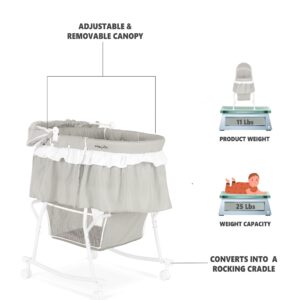 Dream On Me Lacy Portable 2-in-1 Bassinet & Cradle in Light Grey, Lightweight Baby Bassinet with Storage Basket, Adjustable and Removable Canopy