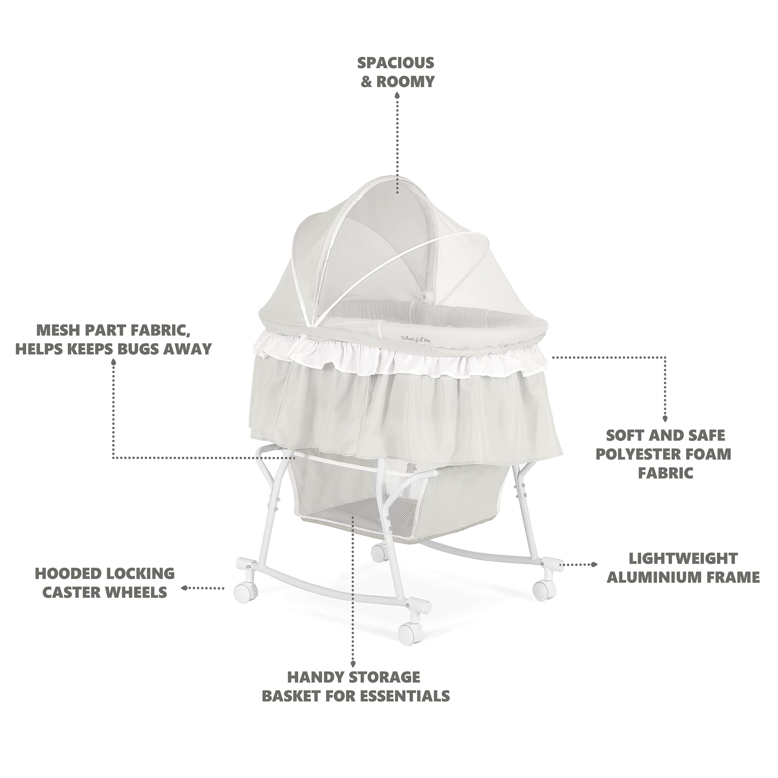 Dream On Me Lacy Portable 2-in-1 Bassinet & Cradle in Light Grey, Lightweight Baby Bassinet with Storage Basket, Adjustable and Removable Canopy