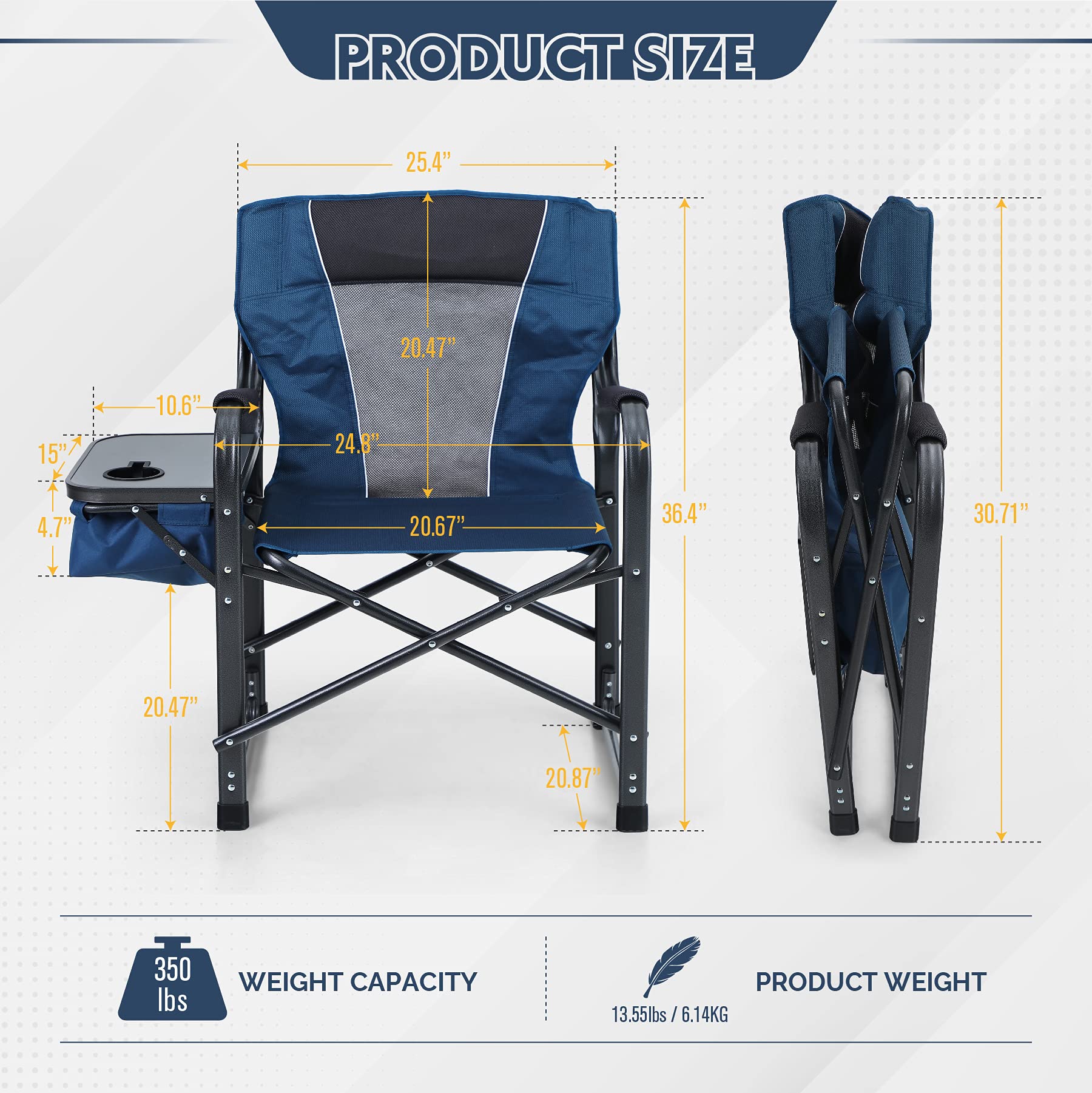 ALPHA CAMP Oversized Folding Director Chair Outdoor Heavy Duty Camping Chair with Side Table and Cooler Bag for Picnic, Hiking, Fishing, Supports 350LBS