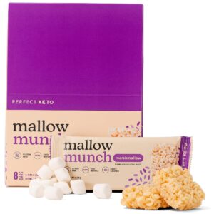 perfect keto mallow munch, gluten free, cereal bars, breakfast bar, rice-free, low sugar, low carb, crispy, high protein snack, healthy snacks, 9g protein, 2g net carbs, original marshmallow, 8 pack