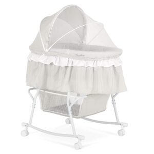 Dream On Me Lacy Portable 2-in-1 Bassinet & Cradle in Light Grey, Lightweight Baby Bassinet with Storage Basket, Adjustable and Removable Canopy