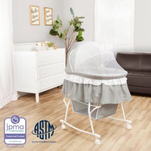 Dream On Me Lacy Portable 2-in-1 Bassinet & Cradle in Light Grey, Lightweight Baby Bassinet with Storage Basket, Adjustable and Removable Canopy