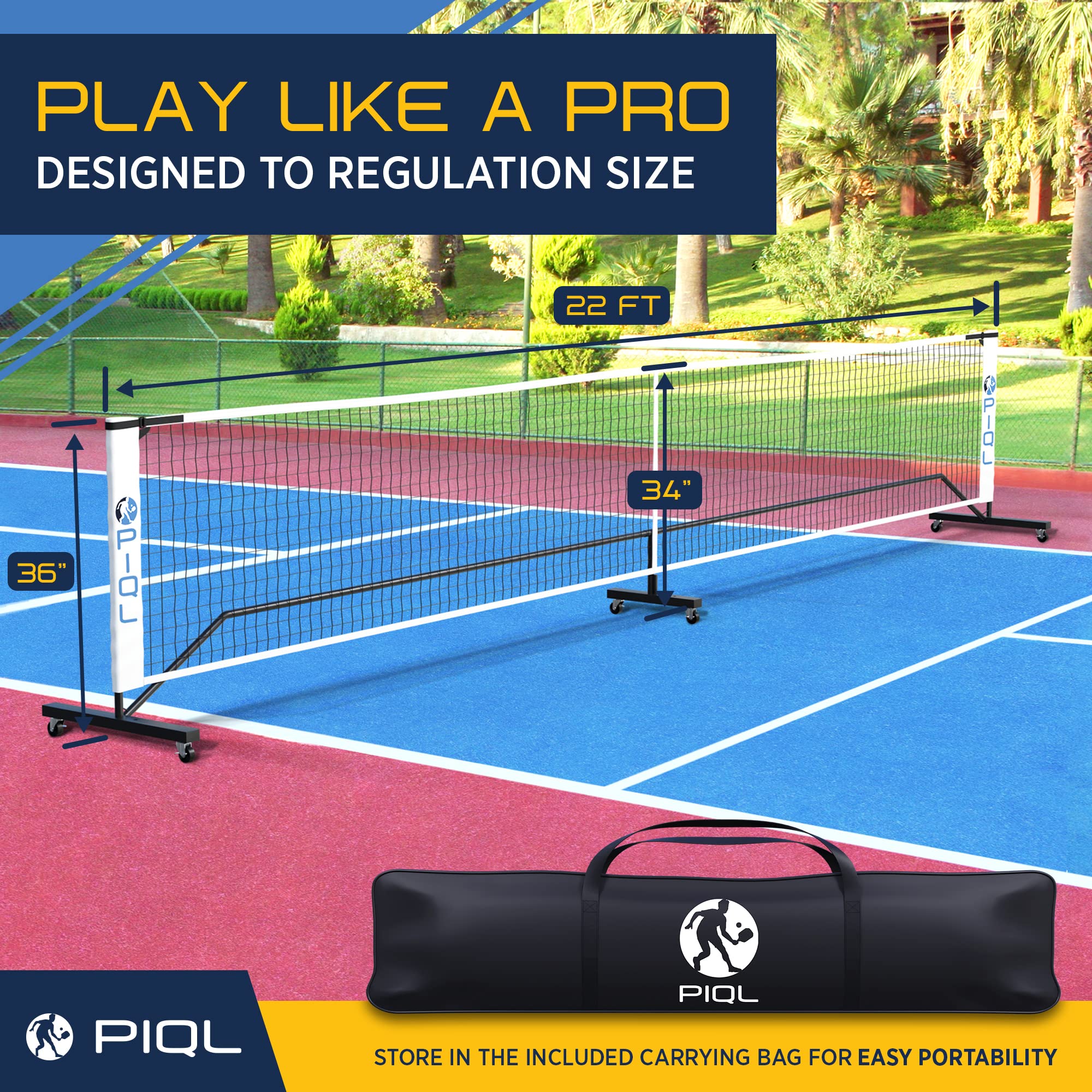 PIQL Portable Pickleball Net System with Wheels - Outdoor Indoor Regulation Size Pickleball Net Set for Driveway, Backyards with Carrying Bag and Metal Frame, Easy Assembly Official Court Size, 22 Ft