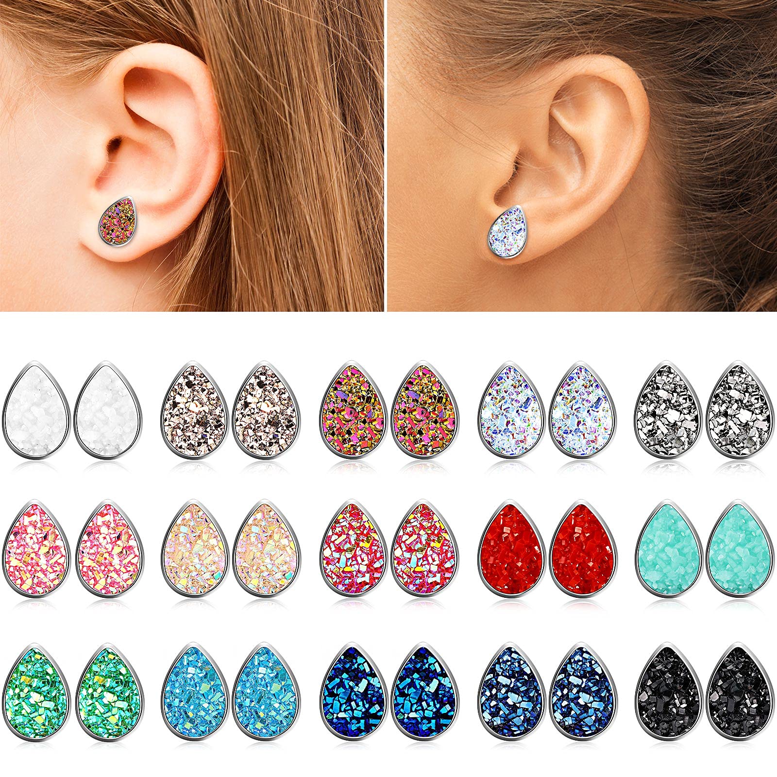 15 Pairs Faux Druzy Stud Earrings Teardrop Glitter Pierced Earrings Stainless Steel Earrings for Women Mothers Day Gift(Waterdrop)