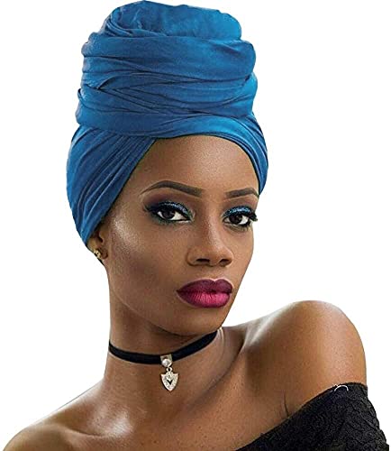 4 Packs Stretch Jersey Turban Head Wrap Scarf African Headwraps for Women Head Wraps Long Hair Scarf Ultra Soft Breathable Solid Color Turban Tie Large Headband (Black Dark Grey Light Brown Blue)